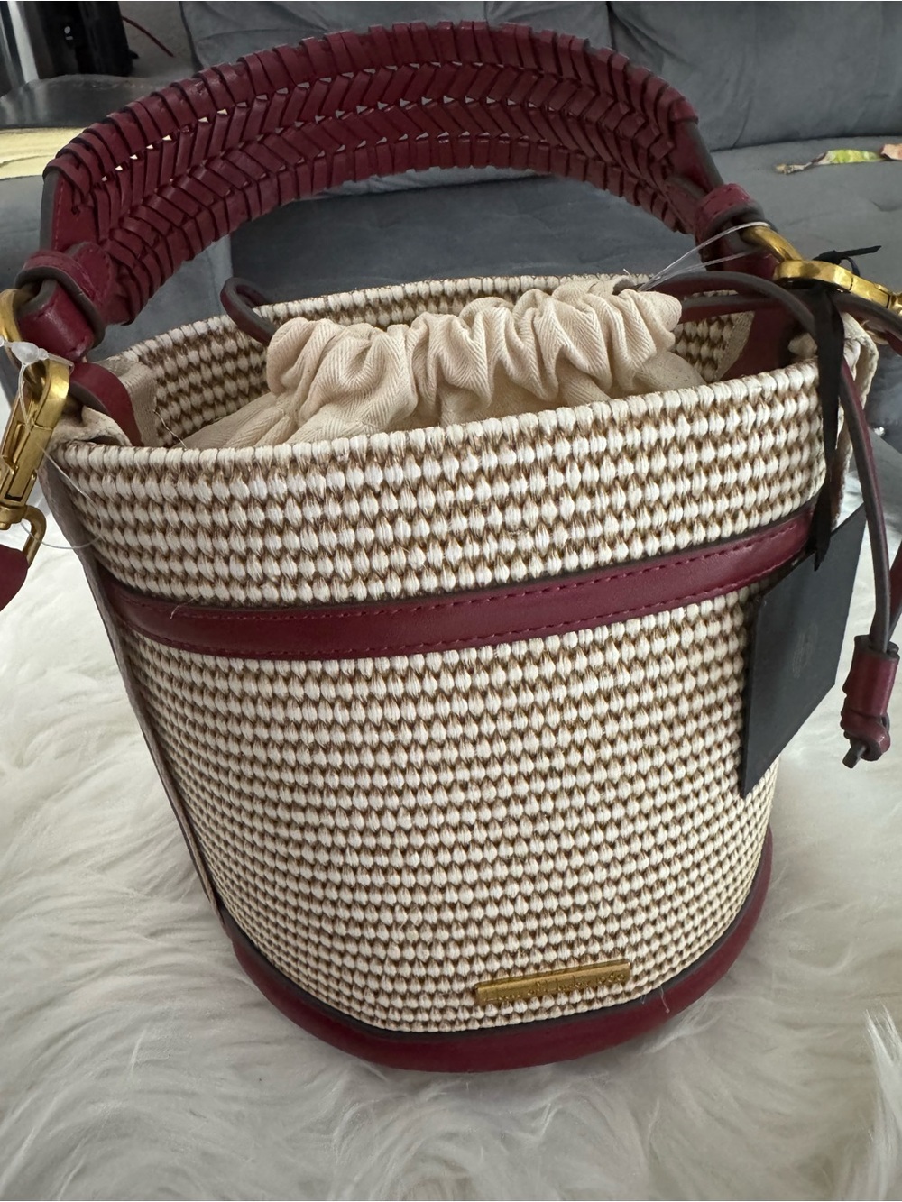 House of Harlow 1960 Woven Bucket Bag with Burgundy Trim